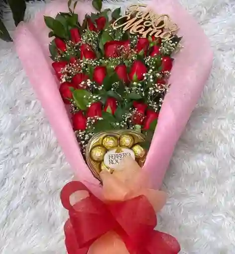 Flores-ramillete Con Rosas Rojas Y Chocolates En Corazon