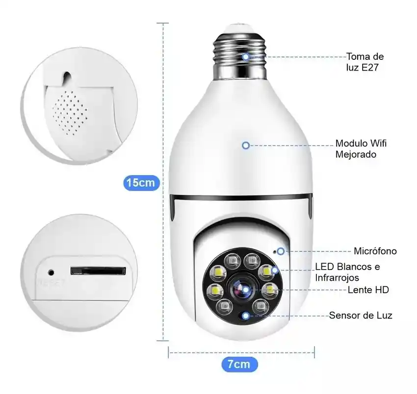 Cámara Ip Wifi 1080p Luz Led 360 ° Bombilla Inalámbrica E27