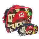 Kit X3 Maleta Morral Mario Bros + Lonchera Cartuchera Grande