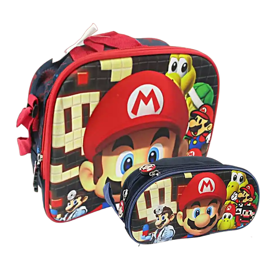 Kit X3 Maleta Morral Mario Bros + Lonchera Cartuchera Grande