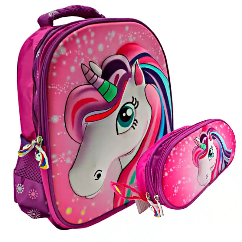 Kit X2 Maleta Morral Unicornio Pony Escolar + Cartuchera( Pequeña)