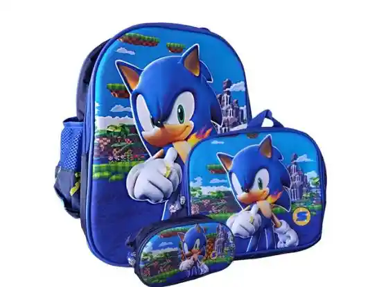 Kit X3 Maleta Morral Sonic Lonchera Cartuchera Grande