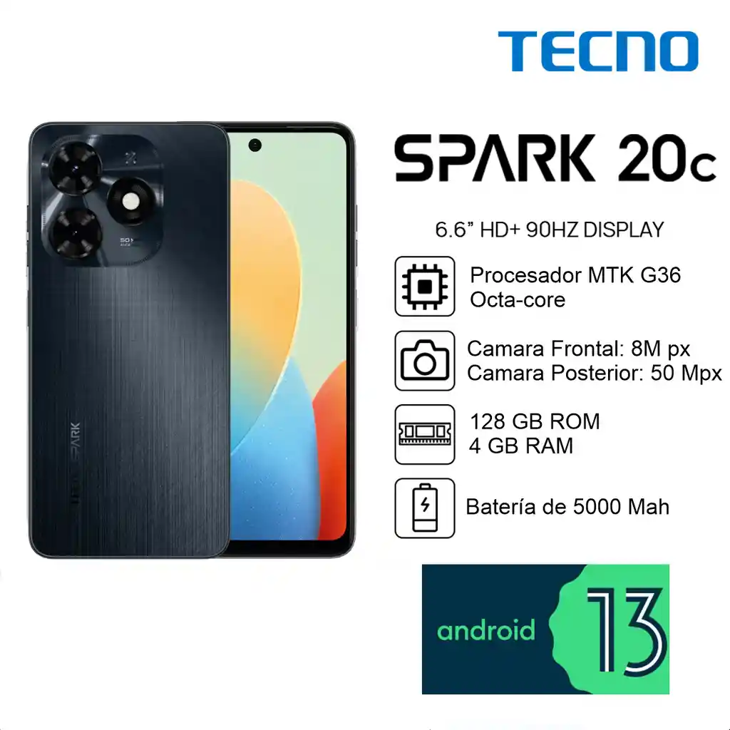 Celular Tecno Spark 20c Dual Sim 128gb/4gb+4gb 6.6'' 50mp Bk