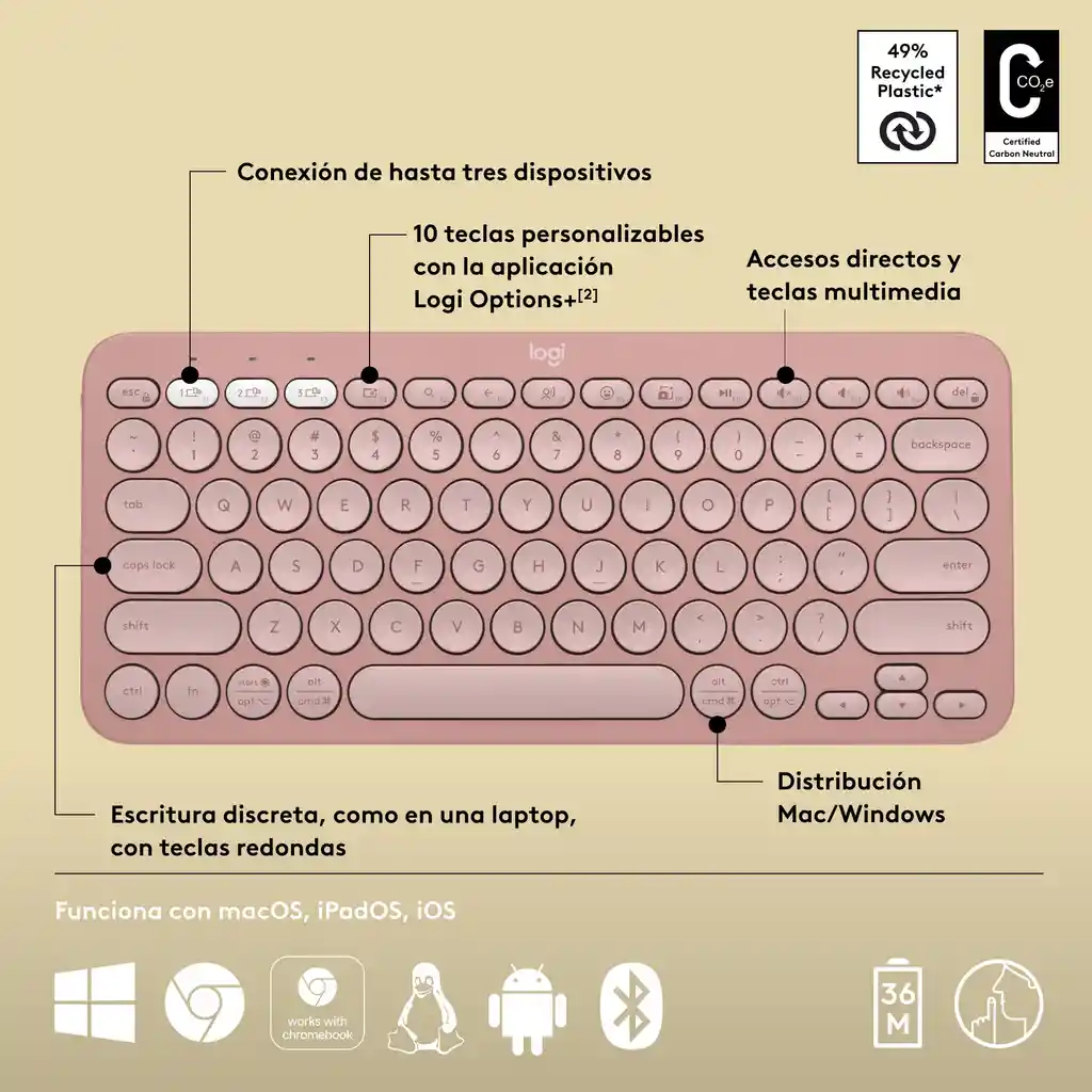 Teclado Bt Multidispositivo Logitech Pebble Keys 2 K380s, Rosado