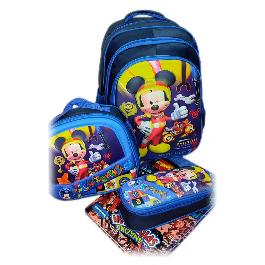 Kit X3 Maleta + Lonchera + Cartuchera Mickey 3d Niño Gran