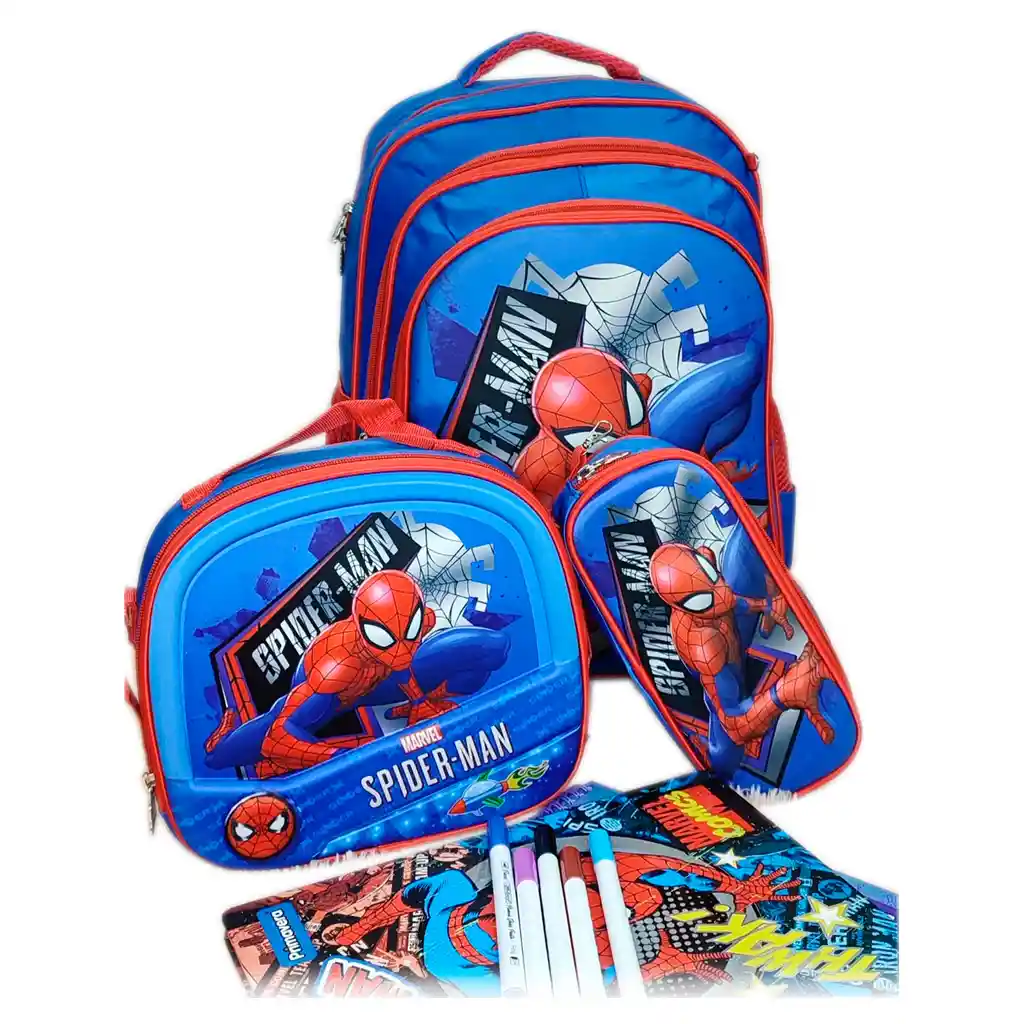 Kit X3 Maleta + Lonchera + Cartuchera Spiderman 3d Niño Gran