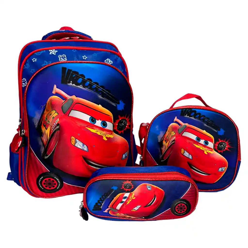 Kit X3 Maleta + Lonchera + Cartuchera Cars 3d Niño Gran