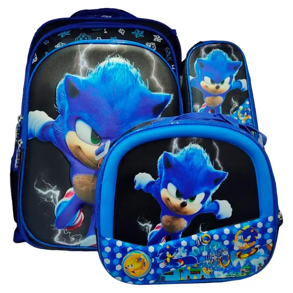 Kit X3 Maleta + Lonchera + Cartuchera Sonic 3d Niño Gran