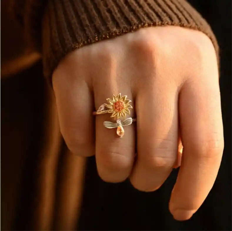 Anillo Ajustable Girasol Giratorio Antiestrés Para Mujer