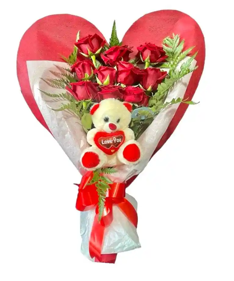 Flores De Rosas Y Peluche Corazón