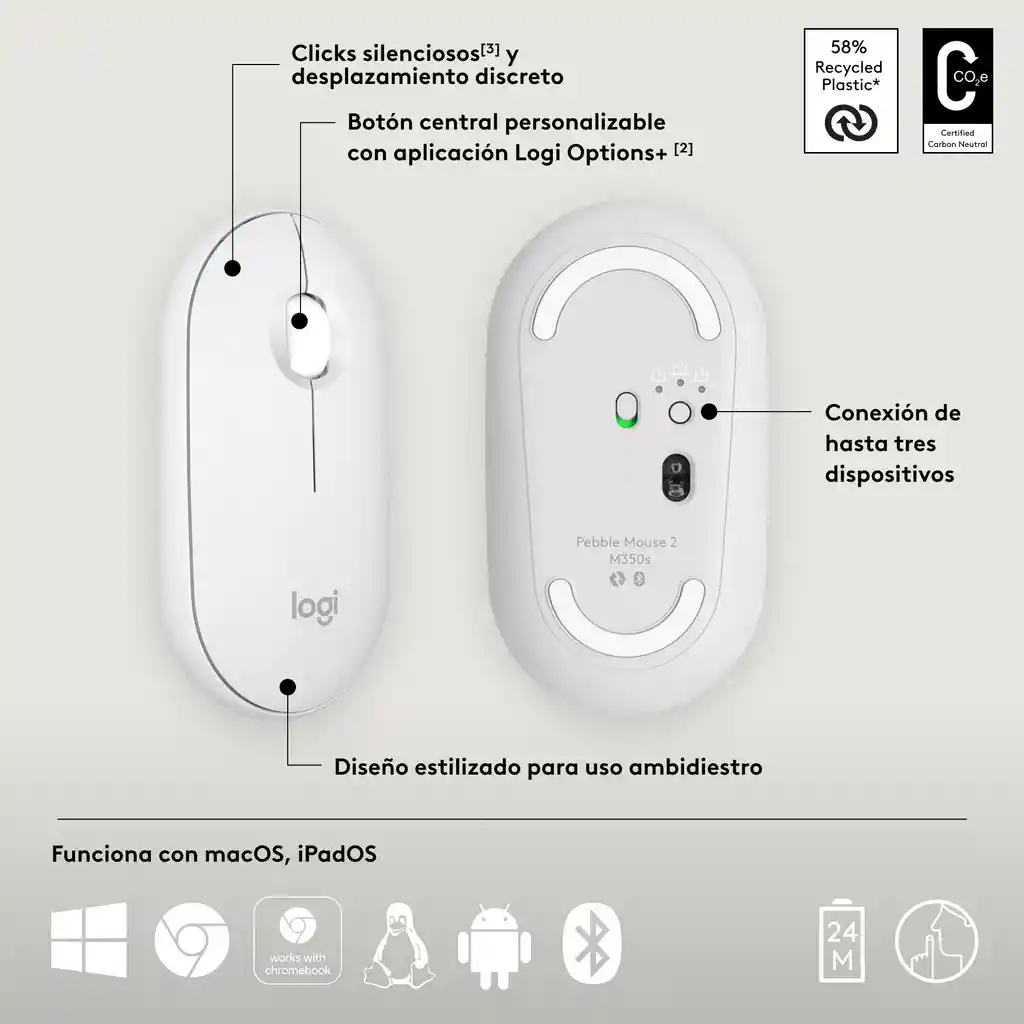 Combo Logitech Bluetooth Teclado K380s + Mouse M350s Blanco