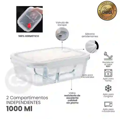 Refractaria Porta Comida De Vidrio 2 Compartimientos 1 Litro