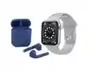 Reloj Inteligente T500 Plus Gris Con 2 Pulsos + Audifonos Bluetooth I12 Azul