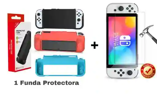 Funda Protectora Dobe Tpu + Vidro Templado Compatible Nintendo Switch Oled Azul