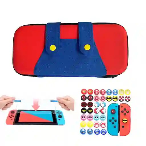 Estuche Rigido De Mario Overol+ Vidrio Protector + Grips Para Nintendo Switch