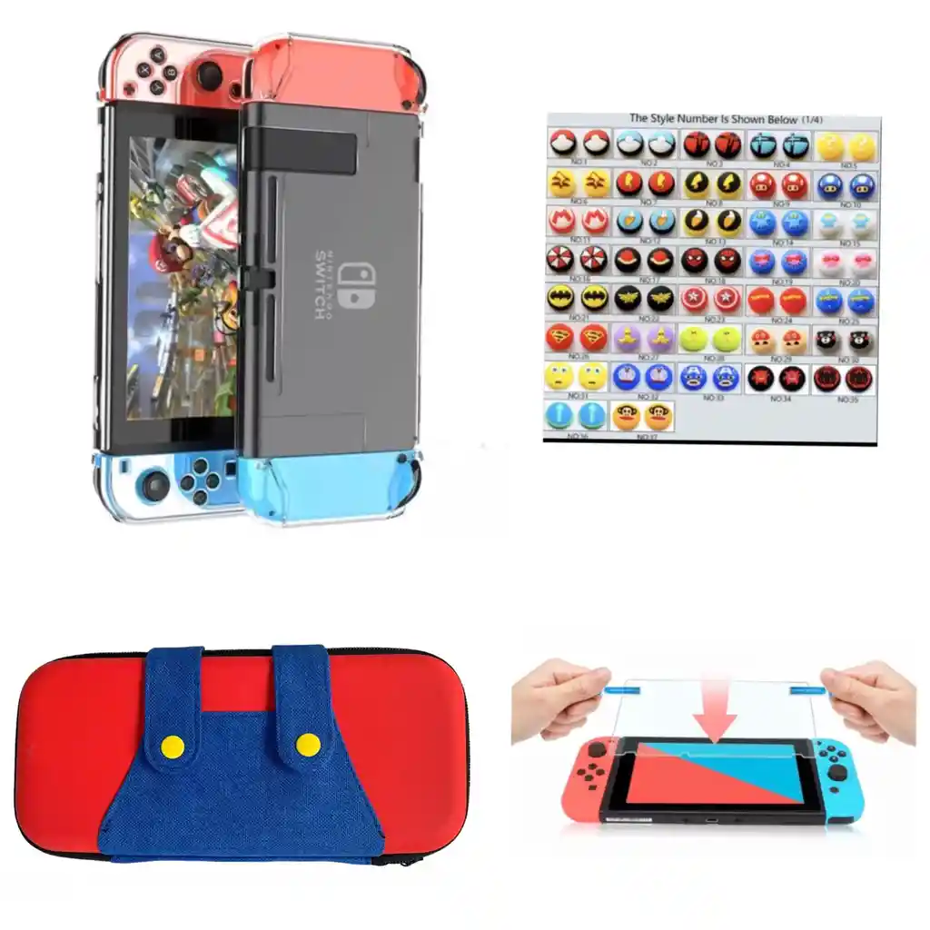 Estuche Rigido Mario Overol + Acrilico Transparente + Vidrio Protector + 2 Grips Nintendo Switch