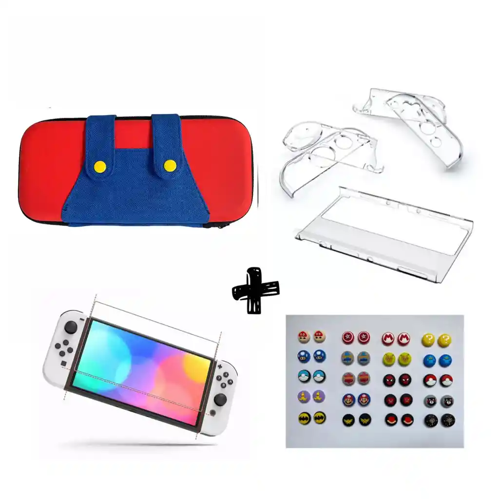 Estuche Rigido Mario Overol+ Acrilico Transparente + Vidrio Protector + Grips Nintendo Switch Oled