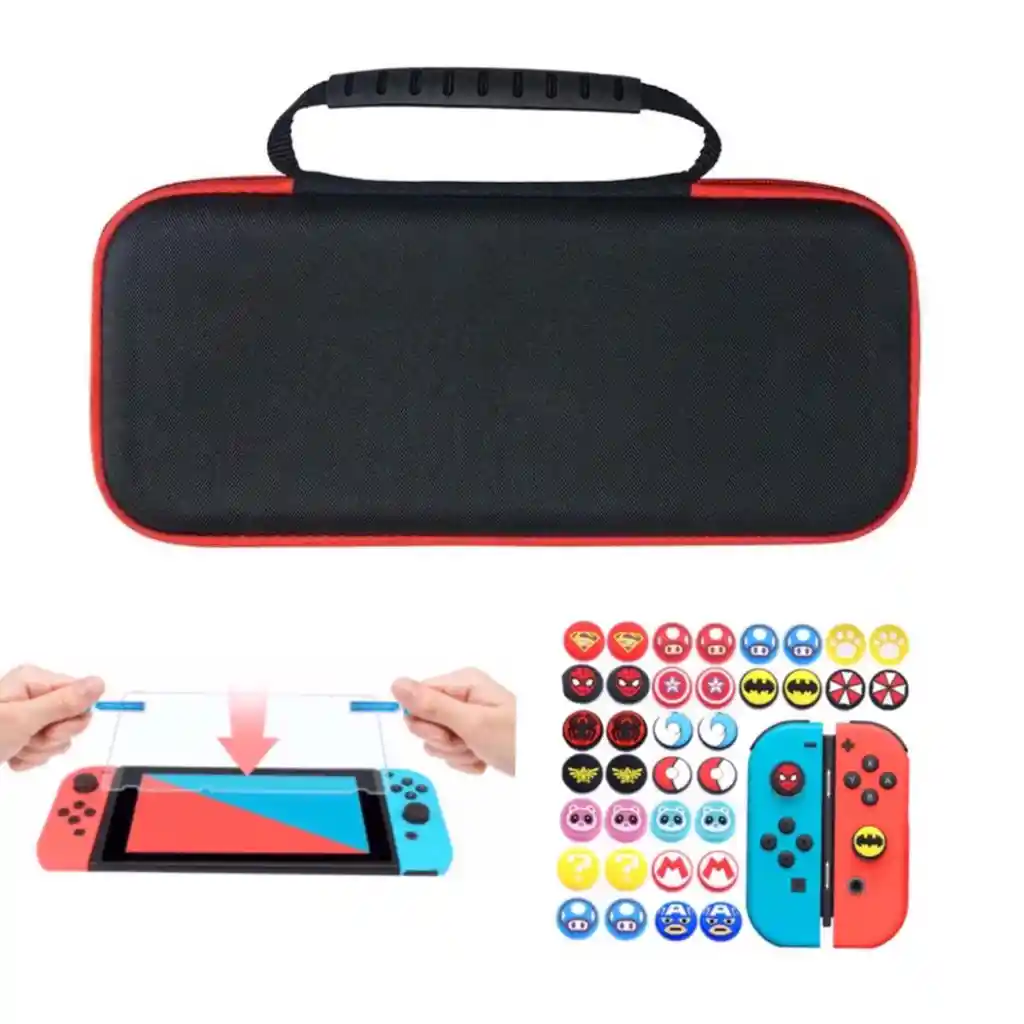 Estuche Rigido Viaje Con Mango + Vidrio Protector + Grips Para Consola Nintendo Switch
