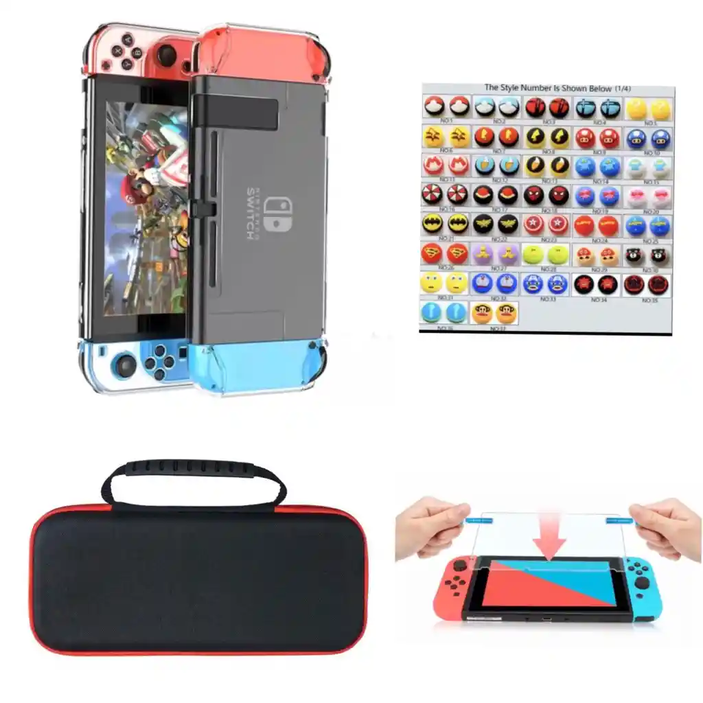 Estuche Rigido Viaje Con Mango + Acrilico Transparente + Vidrio Protector + Grips Para Consola Nintendo Switch