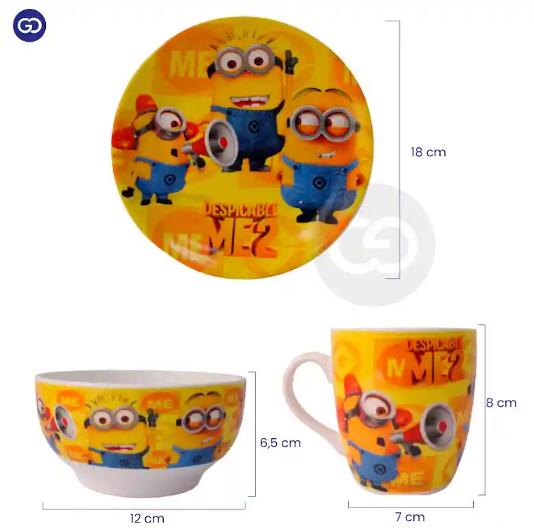 Set 3 Piezas Vajilla Infantil Vaso Taza Plato Minions