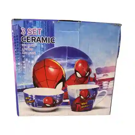 Set 3 Piezas Vajilla Infantil Vaso Taza Plato Hombre Araña