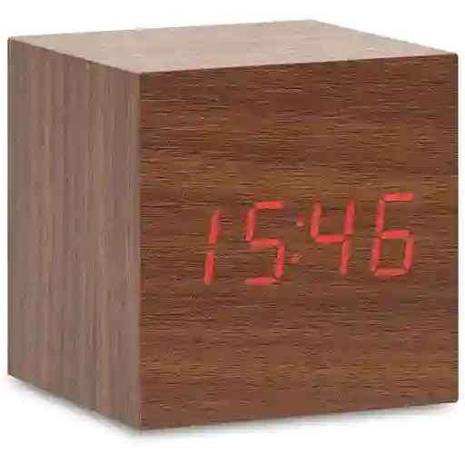 Reloj Despertador Cubo Madera Color Madera Oscuro