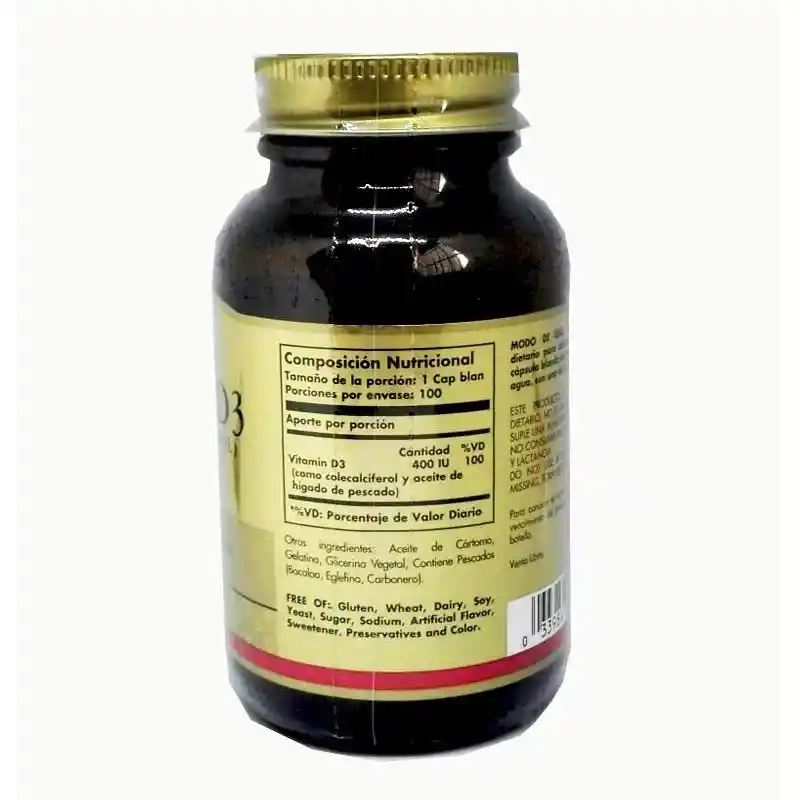 Vitamina D3 400 Iu (cholecalciferol) Solgar 100 Softgels