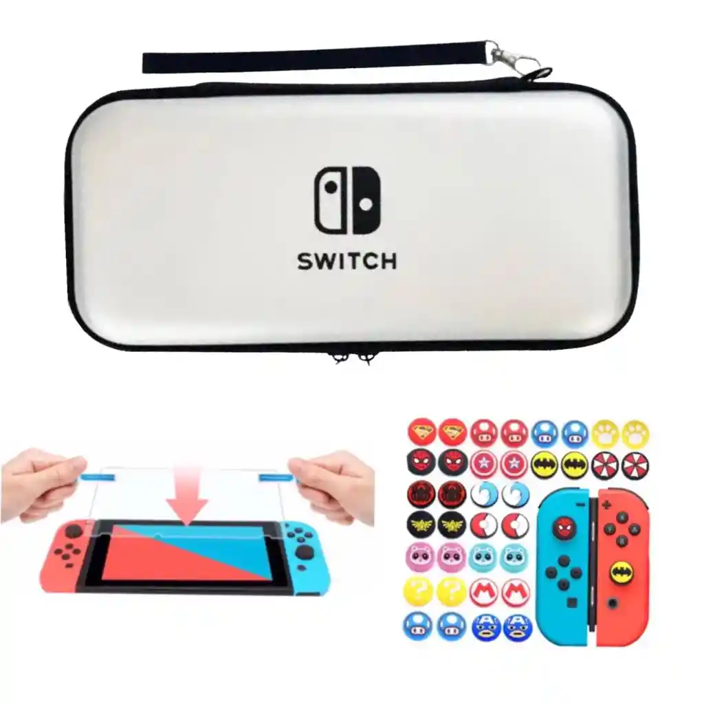 Estuche Rigido Viajero Plateado + Vidrio Protector + Grips Para Nintendo Switch