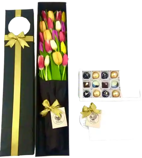 Caja Premium Negra De 20 Tulipanes De Colores Con Caja De 12 Chocolates