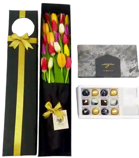 Caja Premium Negra De 20 Tulipanes De Colores Con Caja De 12 Chocolates