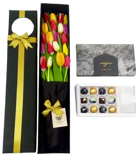 Caja Premium Negra De 20 Tulipanes De Colores Con Caja De 12 Chocolates