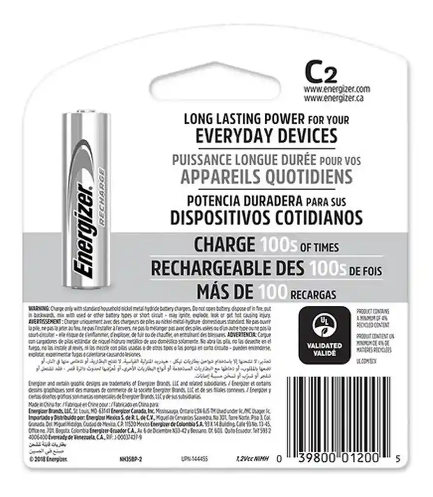 Pilas Recargables Energizer C2 X2 (4 Pilas En Total)