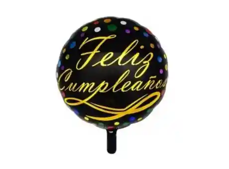 Globo Foil Feliz Cumpleaños Negro Con Dorado Y Puntos Colores 18"