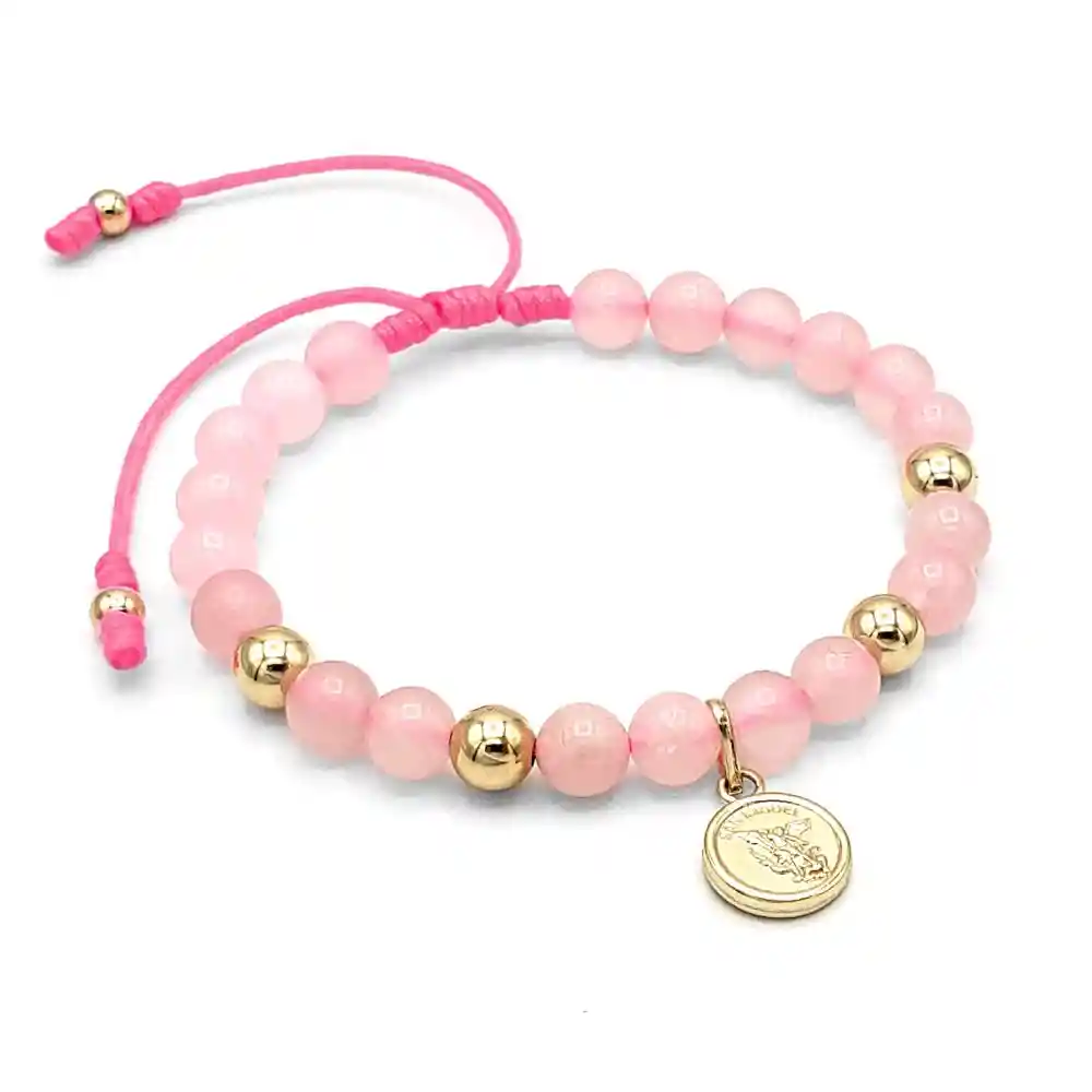 Pulsera Arcángel San Miguel Cuarzo Rosado Oro Laminado 18k