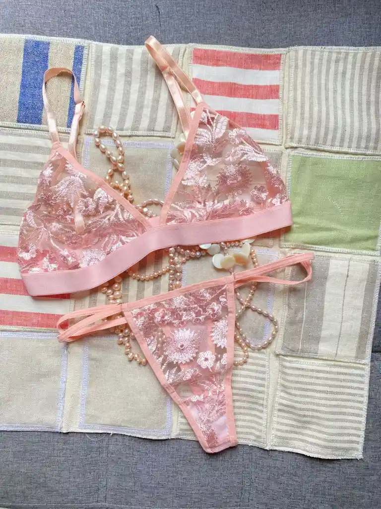 Conjunto 2 Piezas Bordado De Ropa Interior Panty Y Top Lenceria