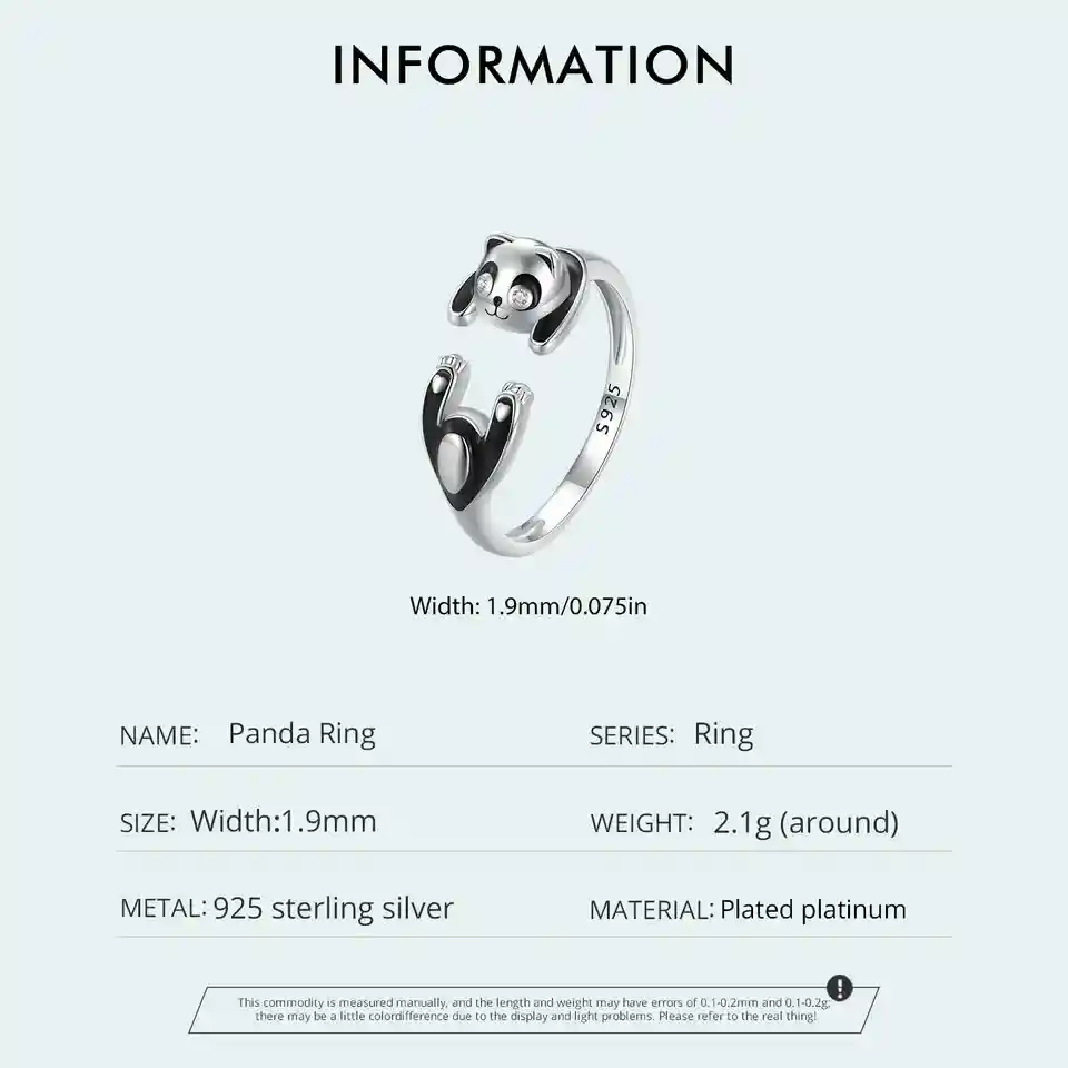 Anillo Ajustable Para Mujer Oso Panda En Plata 925