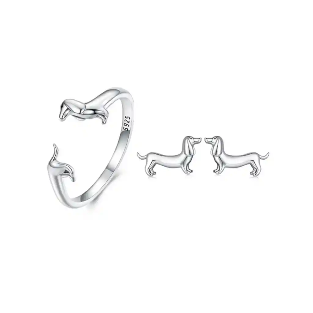 Set De Anillo Ajustable Y Aretes Mujer Perro Salchicha En Plata 925