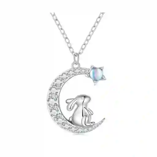 Collar Cadena Para Mujer Dije Luna Conejo En Plata 925