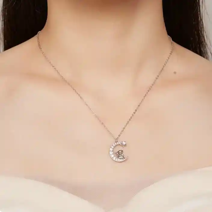 Collar Cadena Para Mujer Dije Luna Conejo En Plata 925