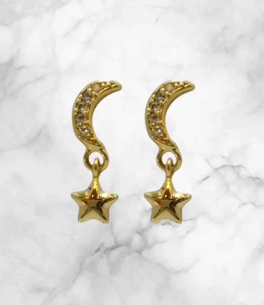 Aretes En Acero Dorados Diseño Luna Y Estrella