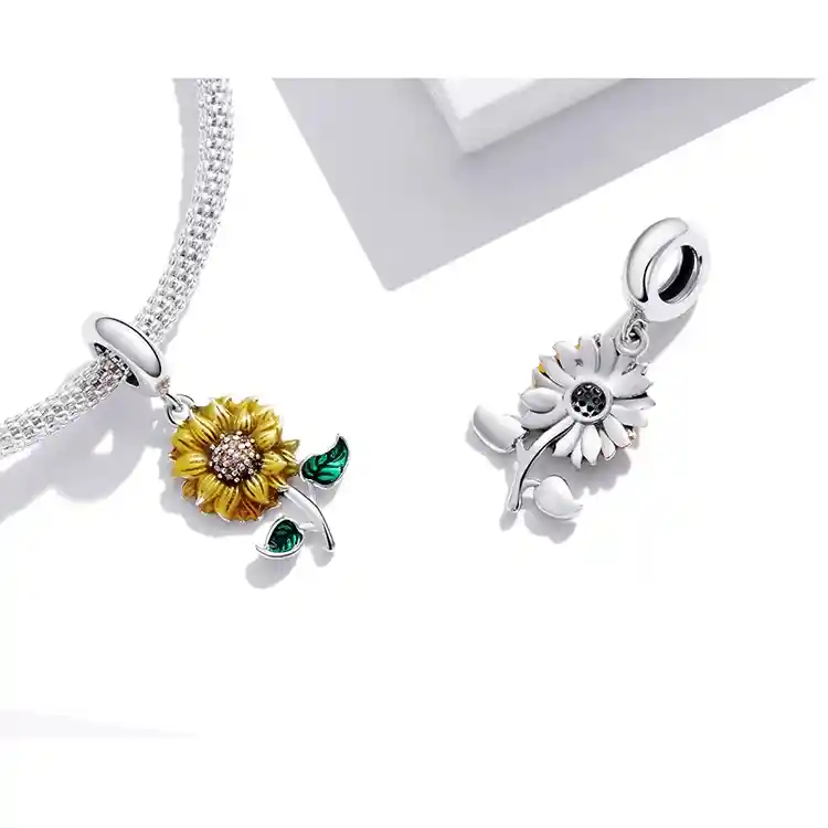 Charm Dije Flor Girasol Para Pulsera O Cadena Mujer En Plata