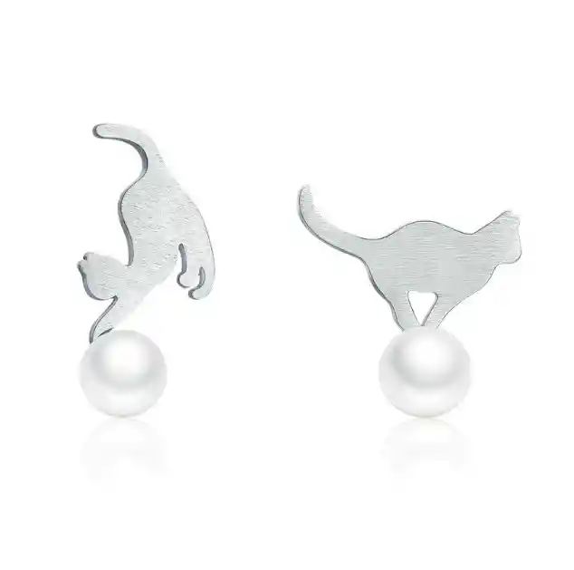 Aretes Topos Para Mujer Gato Con Perlas Fabricados En Plata 925