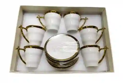 Juego De Taza Pocillo Y Platos De Servicio Tintero X4 Color Blanco Con Bordes Dorados En Porcelana