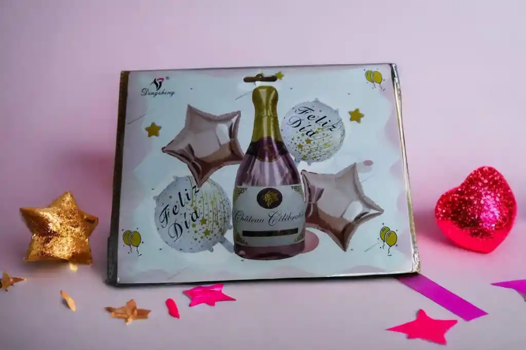 Globos Metalizados Botella De Champagne Rosada Set 5 Globos
