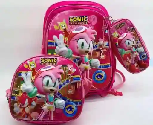 Mochila Morral, Lonchera Térmica, Cartuchera Escolar Niño 3d Personajes Gruesa Reforzada Infantil Personaje Sonic Amy