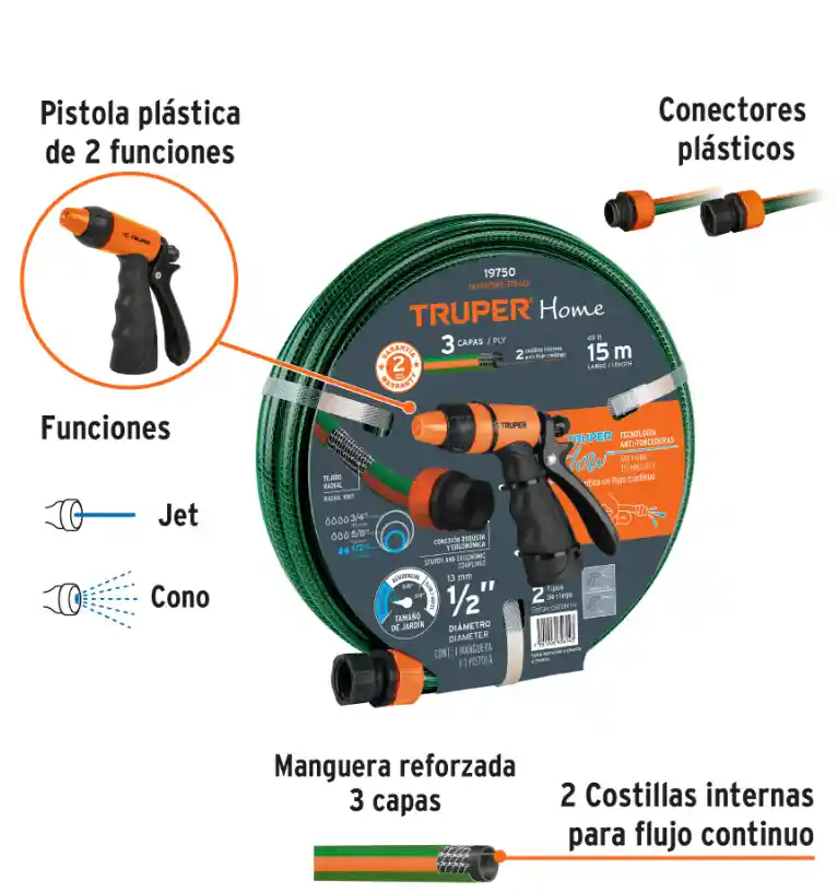 Combo Manguera Man-15x1/2re Y Pistola De Riego Pr-401 Truper