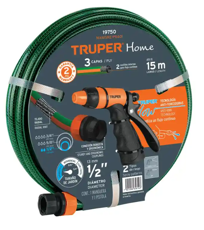 Combo Manguera Man-15x1/2re Y Pistola De Riego Pr-401 Truper