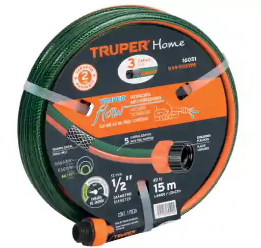 Manguera De 1/2" Reforzada 3 Capas De 15 Metros Con Conexiones Plásticas Truper