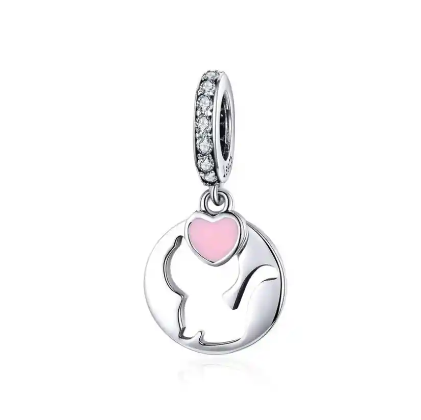 Dije Charm Gato Corazón Rosado Fabricado En Plata 925