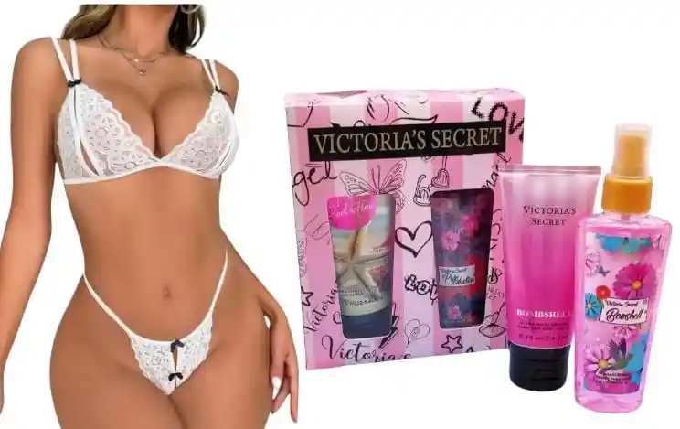 Lencería Sexy Ropa Interior + Perfume Splash Y Crema Corporal Victoria Secret+ Obsequio Feromonas